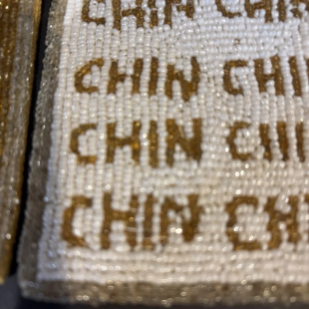 Kim Seybert Coasters Beaded Salud & Chin Chin Cheers Set of 2 Glass Beads NYC